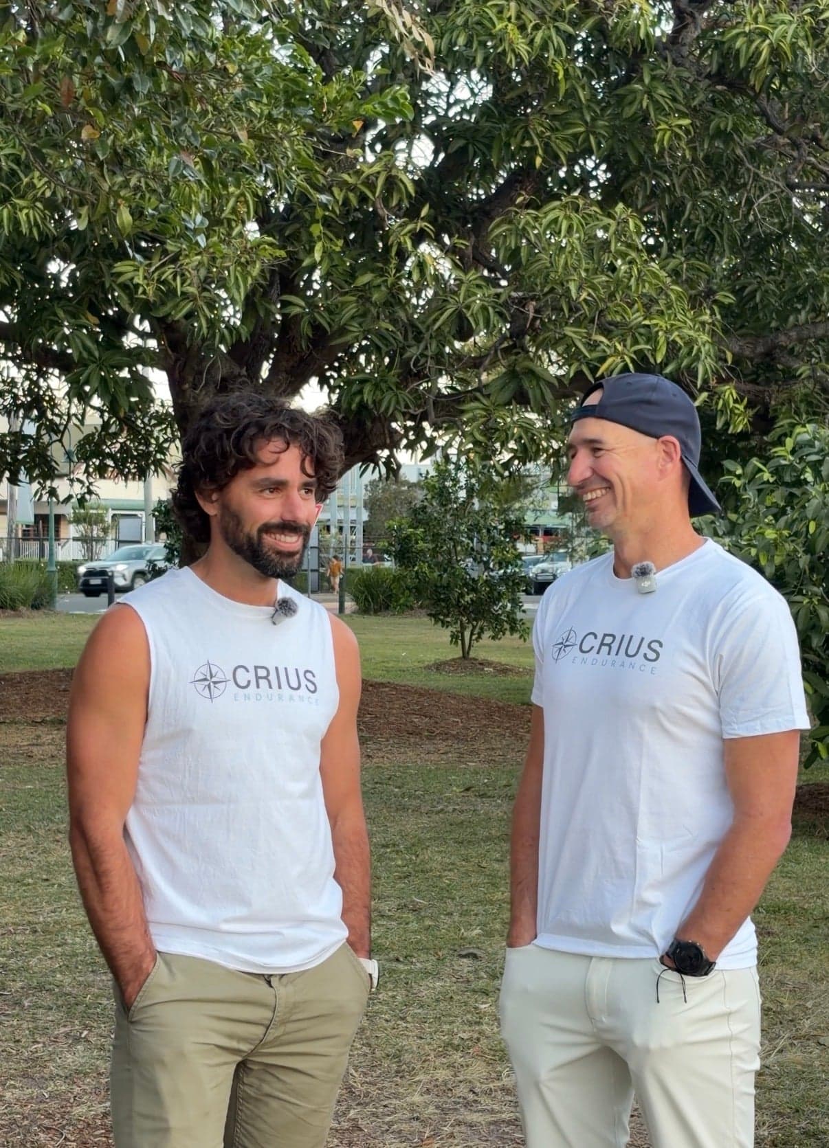 Jay and Trent, the founders of CRIUS Endurance, laughing together outdoors