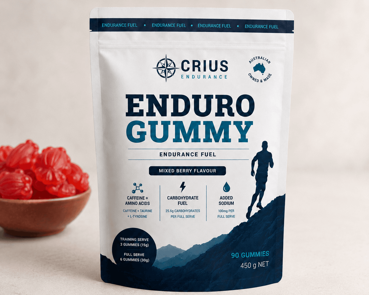 Enduro Gummy pouch beside a bowl of frog-shaped mixed berry gummies
